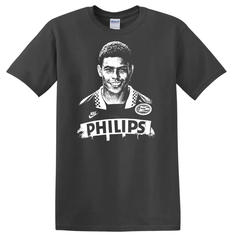 Retro soccer legend portrait design inspired by Ronaldo Nazário with bold vintage style T - Charcoal