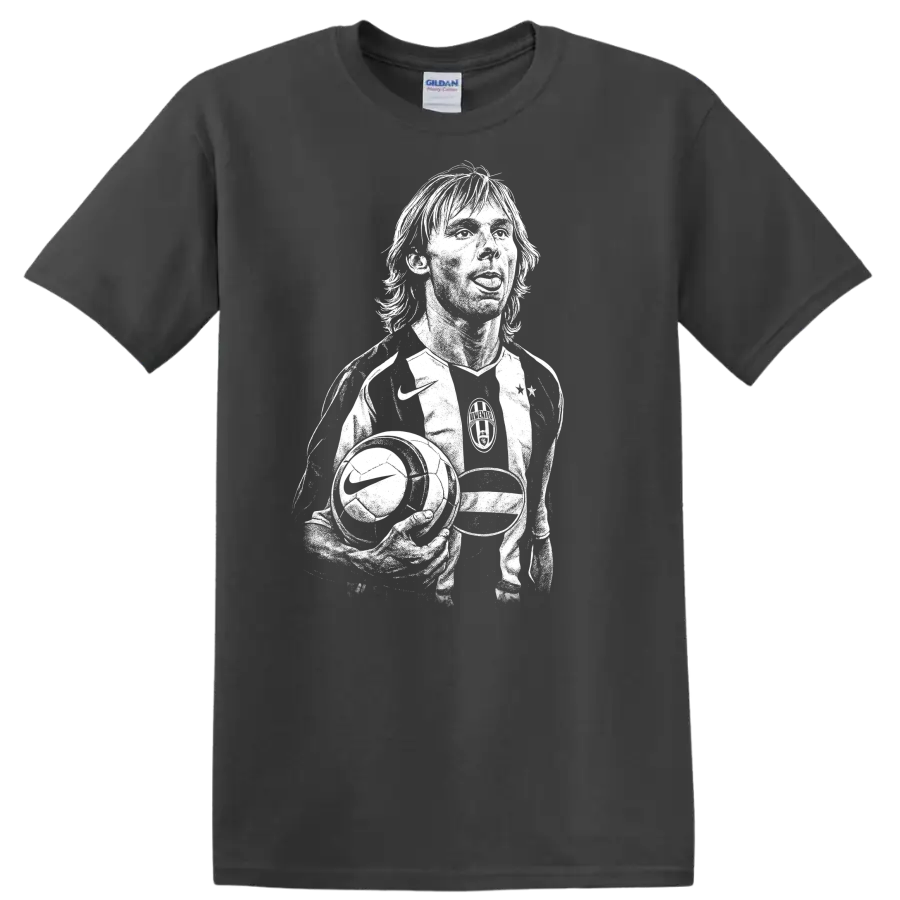 Black and white retro soccer portrait graphic T shirt featuring Pavel - Charcoal
