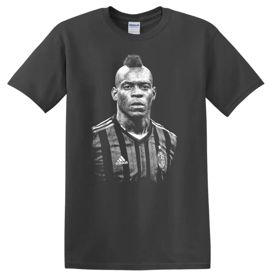 Retro soccer player portrait graphic inspired by Mario Balotelli on a T - Charcoal