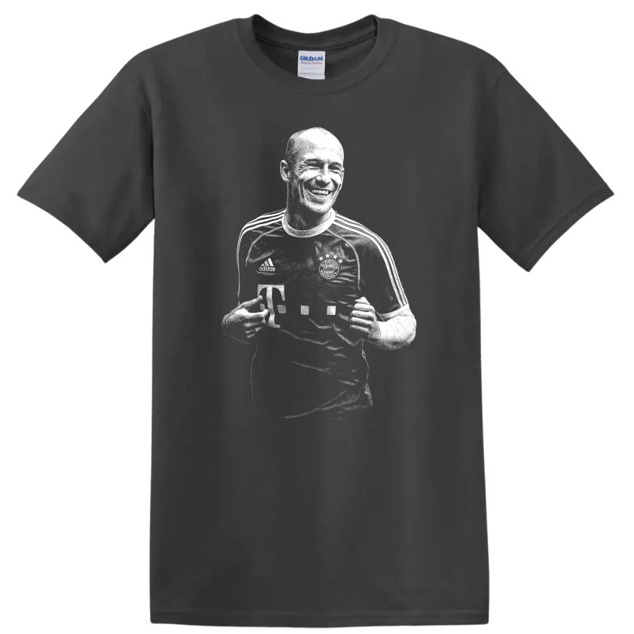Black and white retro soccer portrait of Arjen Robben on a T - Charcoal