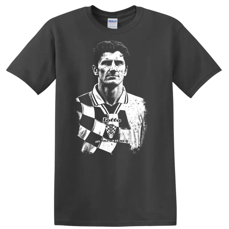 High-contrast retro soccer portrait of Davor Šuker graphic T - Charcoal