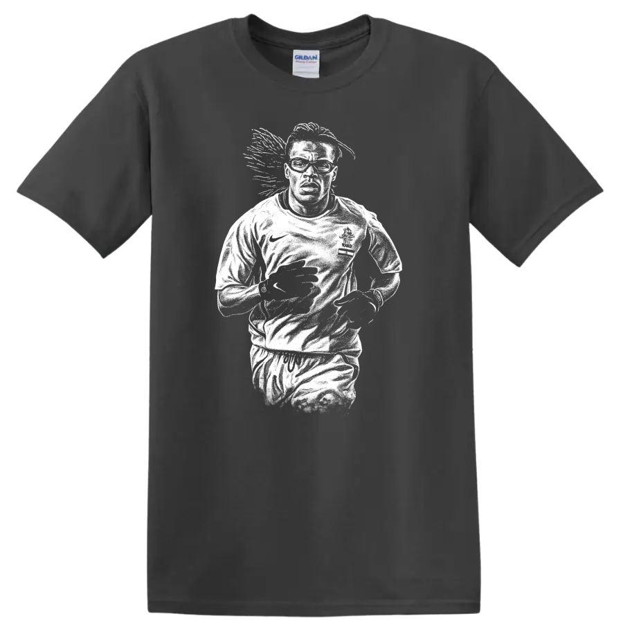 High-contrast retro soccer portrait of Edgar Davids inspired legend style T - Charcoal