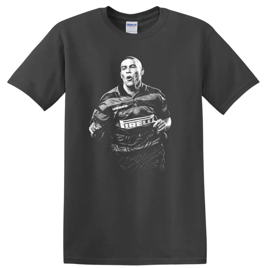 Retro soccer legend portrait of Ronaldo Nazário style graphic T - Charcoal