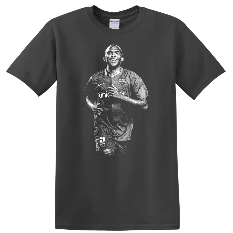 Retro soccer portrait style of Samuel Eto'o on a black T - Charcoal
