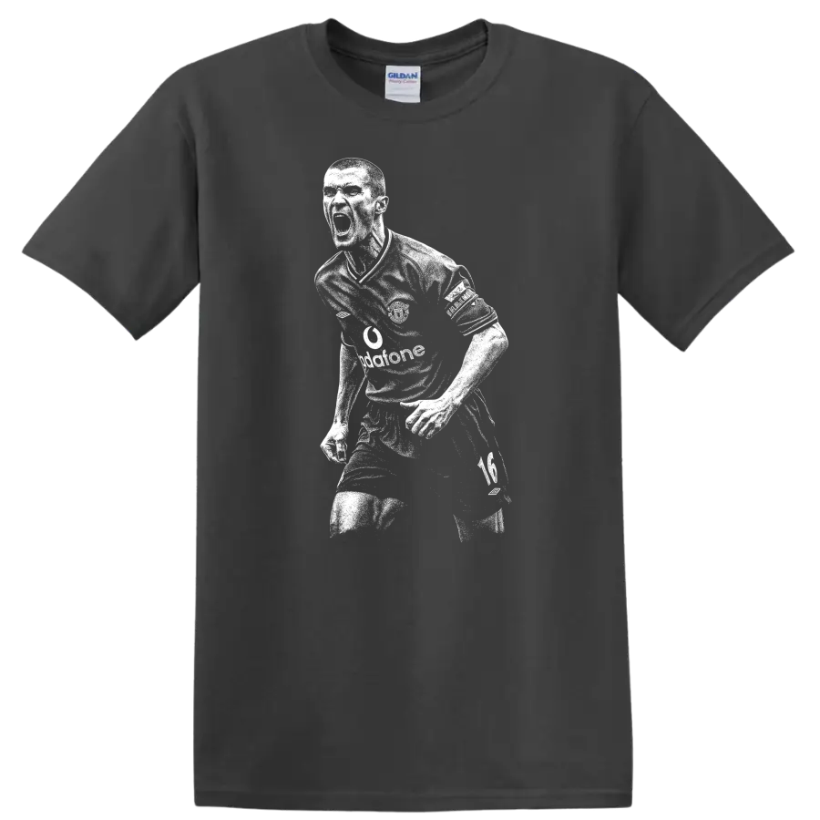 High-contrast retro soccer portrait of Roy Keane style T-shirt - Charcoal