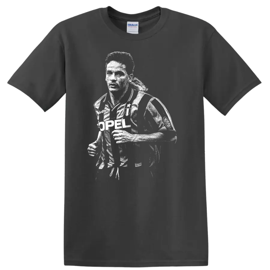 Black and white retro soccer portrait of Roberto Baggio on a T - Charcoal