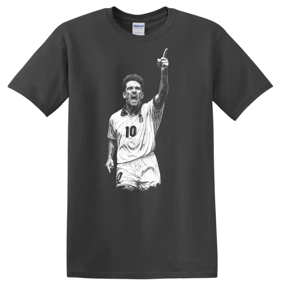 Retro soccer legend portrait of Roberto Baggio in bold black and white T Shirt - Charcoal