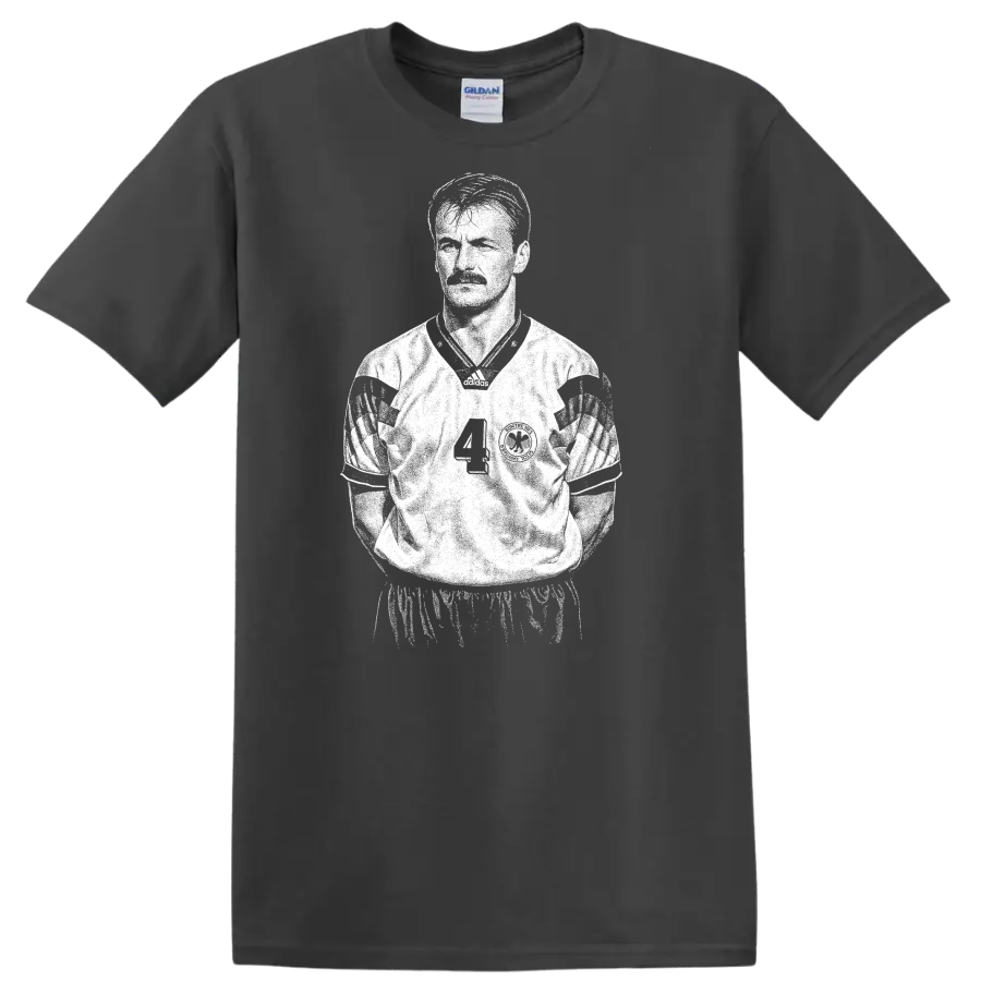 Retro soccer legend portrait style graphic featuring Jürgen Kohler on a T - Charcoal