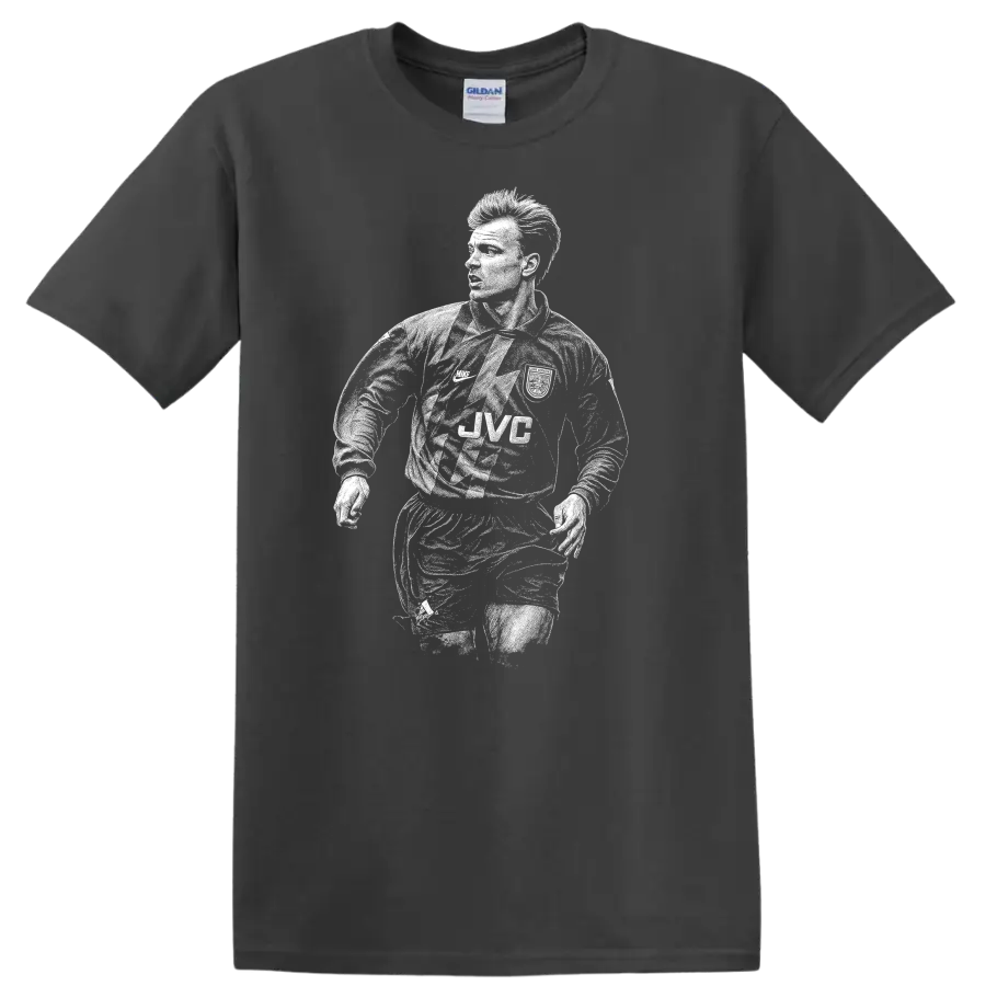 Retro soccer portrait of Dennis Bergkamp legend style T - Charcoal