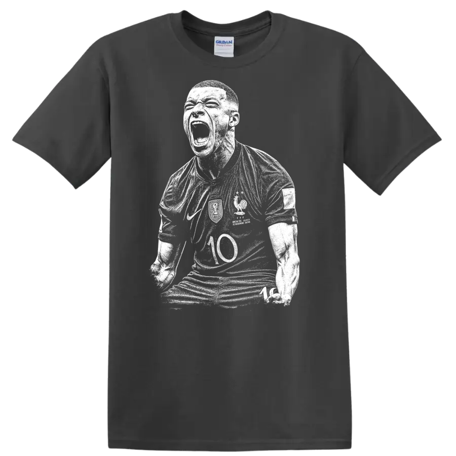 Black and white retro soccer portrait style Kylian Mbappe T Shirt - Charcoal