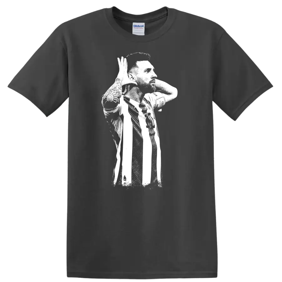 High-contrast retro soccer portrait of Lionel Messi style graphic - Charcoal