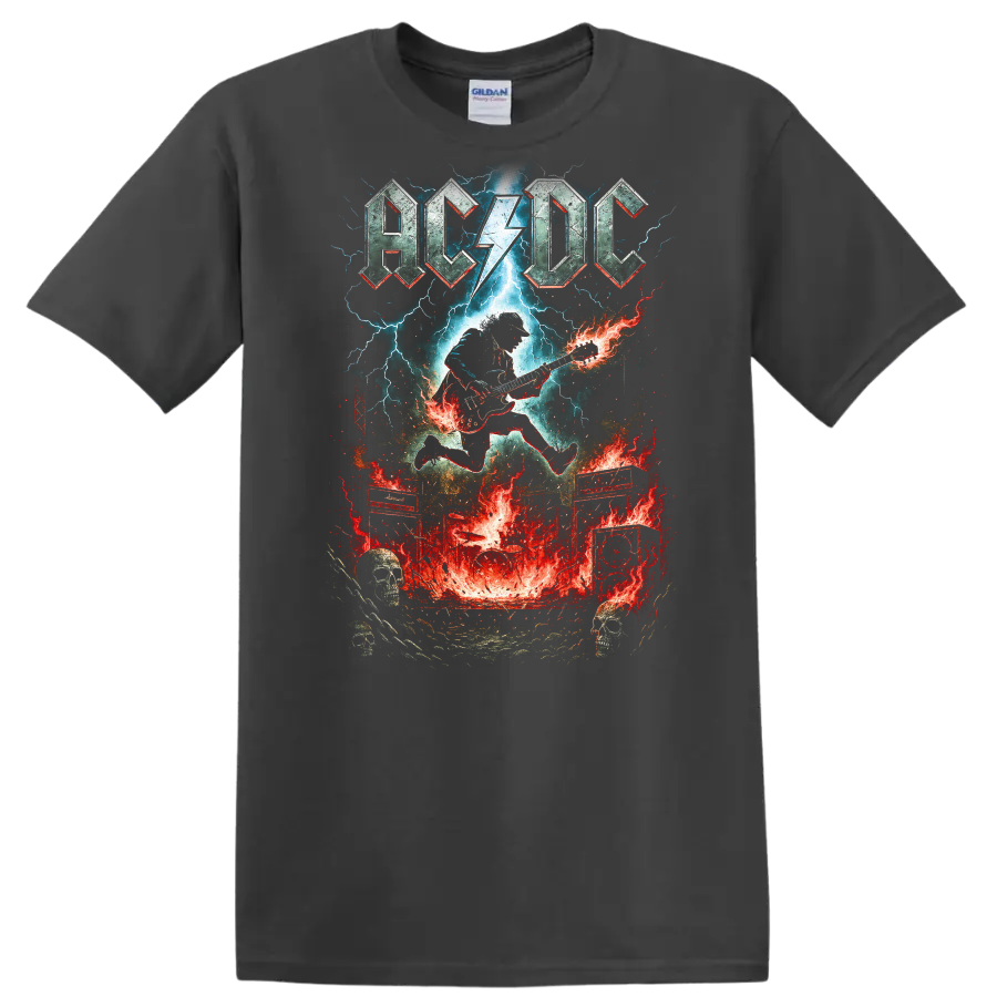 AC DC Retro Rock Lightning Guitar Heavy Metal T Shirt - Charcoal