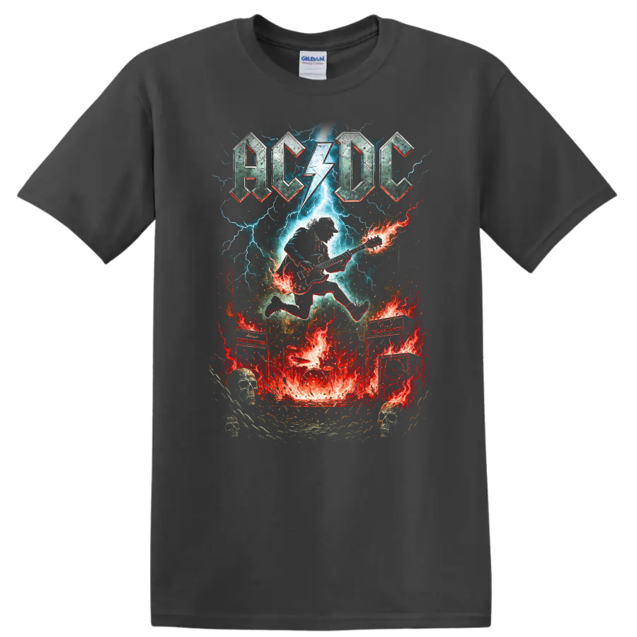 AC DC Retro Rock Lightning Guitar Heavy Metal T Shirt on a Charcoal T Shirt