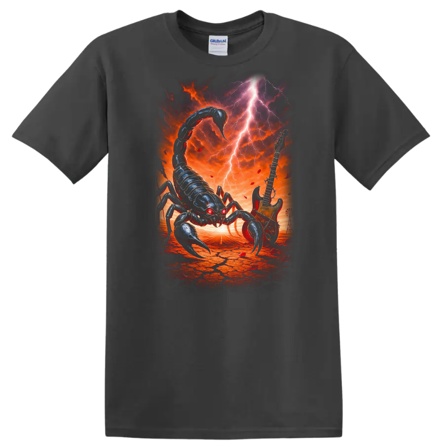 Heavy Metal Scorpion Guitar Retro Rock Band Album Art T Shirt - Charcoal
