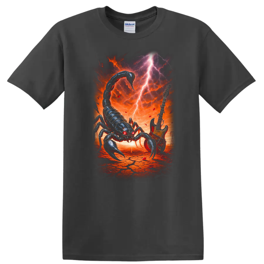 Vintage classic rock scorpion graphic T shirt design on a Charcoal T Shirt