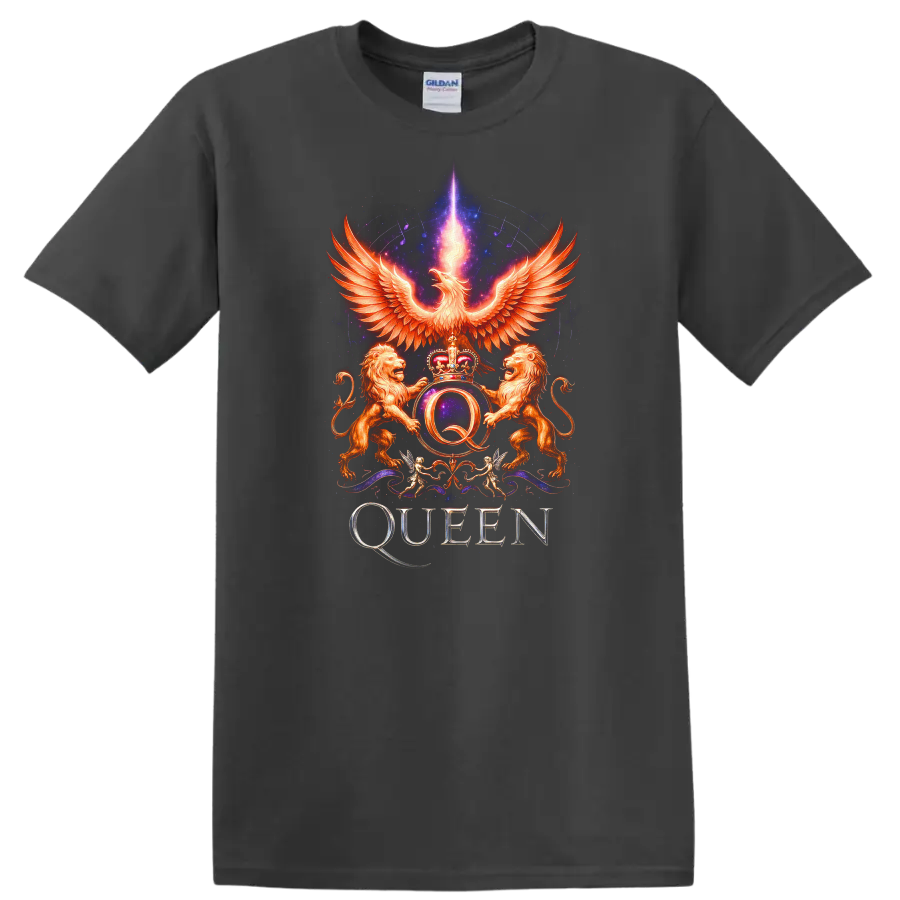 Retro Rock Queen Phoenix Crest Heavy Metal Band Style T Shirt - Charcoal