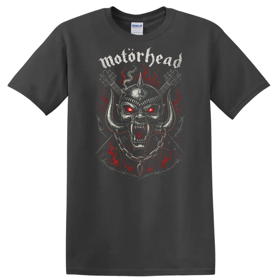 Motörhead Heavy Metal Skull Flames Retro Band Style T Shirt - Charcoal