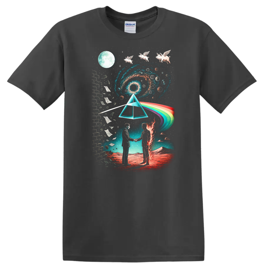Vintage Pink Floyd inspired T Shirt with cosmic art and rainbow design on a Charcoal T Shirt