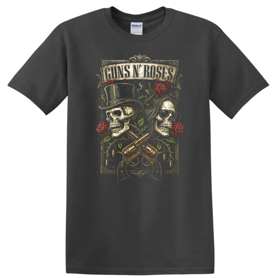 Guns N’ Roses Retro Heavy Metal Skull Roses T Shirt - Charcoal