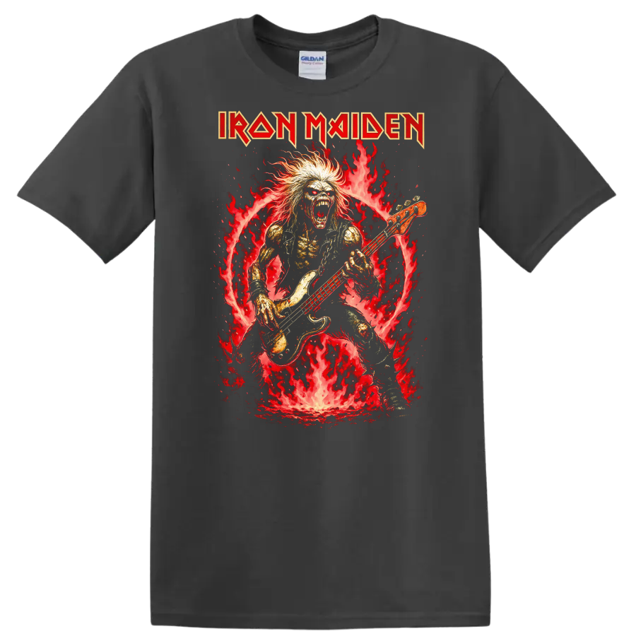 Iron Maiden Heavy Metal Album Cover Flame Bassist T Shirt - Charcoal