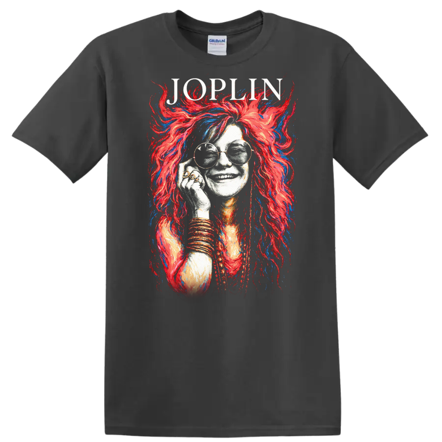 Joplin Retro Rock Heavy Metal Album Style Portrait T Shirt - Charcoal