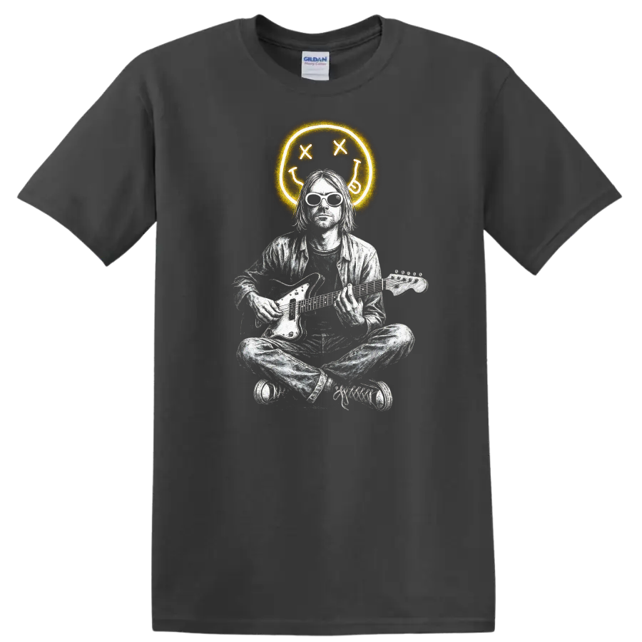 Retro Rock Heavy Metal Nirvana Style Guitar Player T Shirt - Charcoal