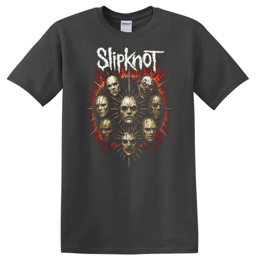 Retro Metal Skull Masks Heavy Rock Album Art T Shirt - Charcoal