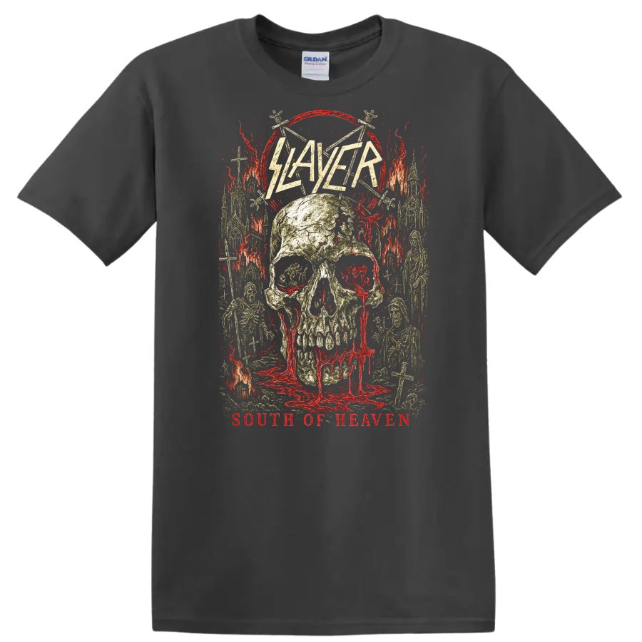 Slayer South of Heaven Retro Heavy Metal Skull T Shirt - Charcoal