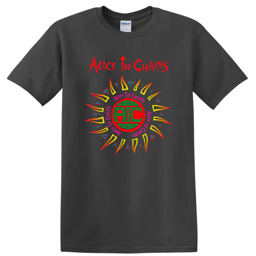 Alice In Chains Retro Heavy Metal Album Art T Shirt on a Charcoal T Shirt