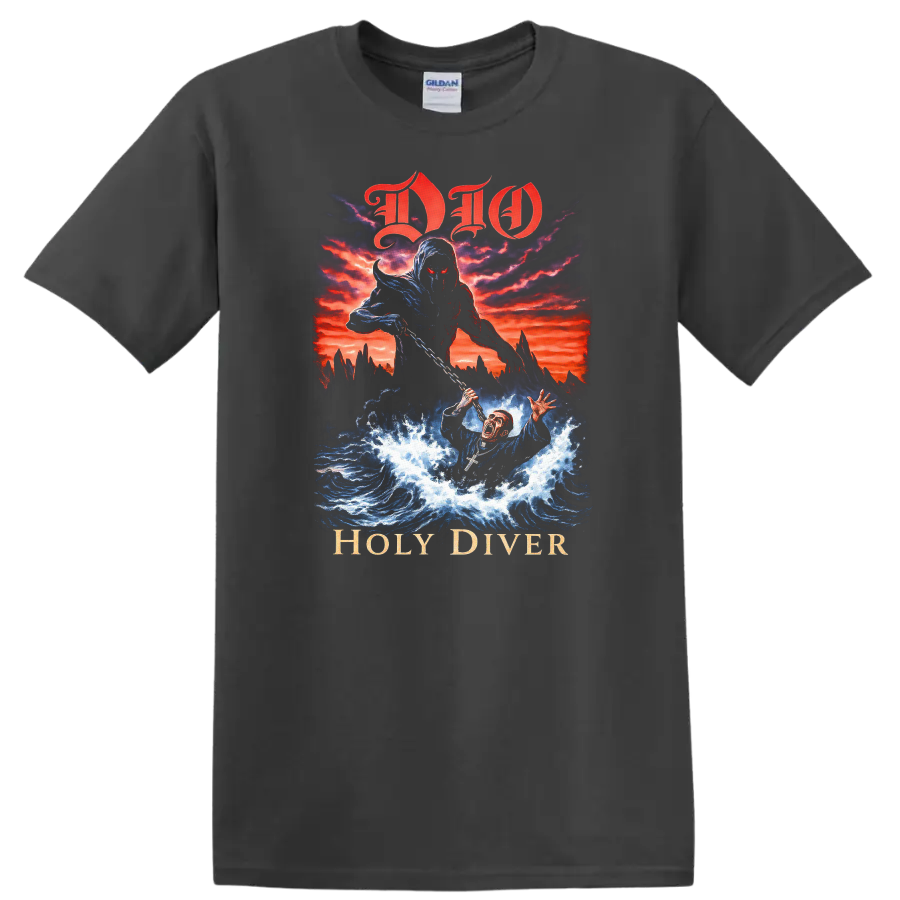 DIO Holy Diver Retro Heavy Metal Album Cover T Shirt - Charcoal