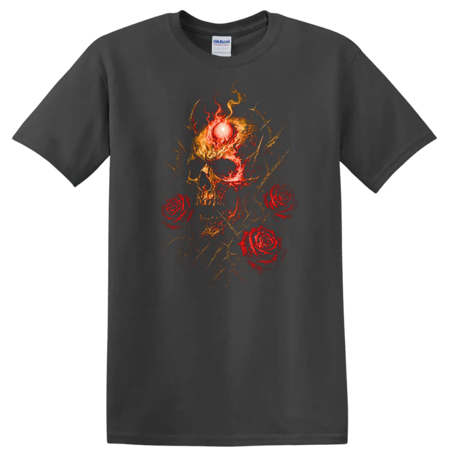 Retro Heavy Metal Skull Roses Fire T Shirt Dark Rock Band Cover Style - Charcoal