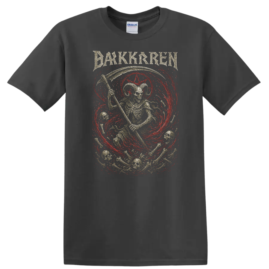 Dark Skren Retro Rock Heavy Metal Skull Album Style T Shirt - Charcoal