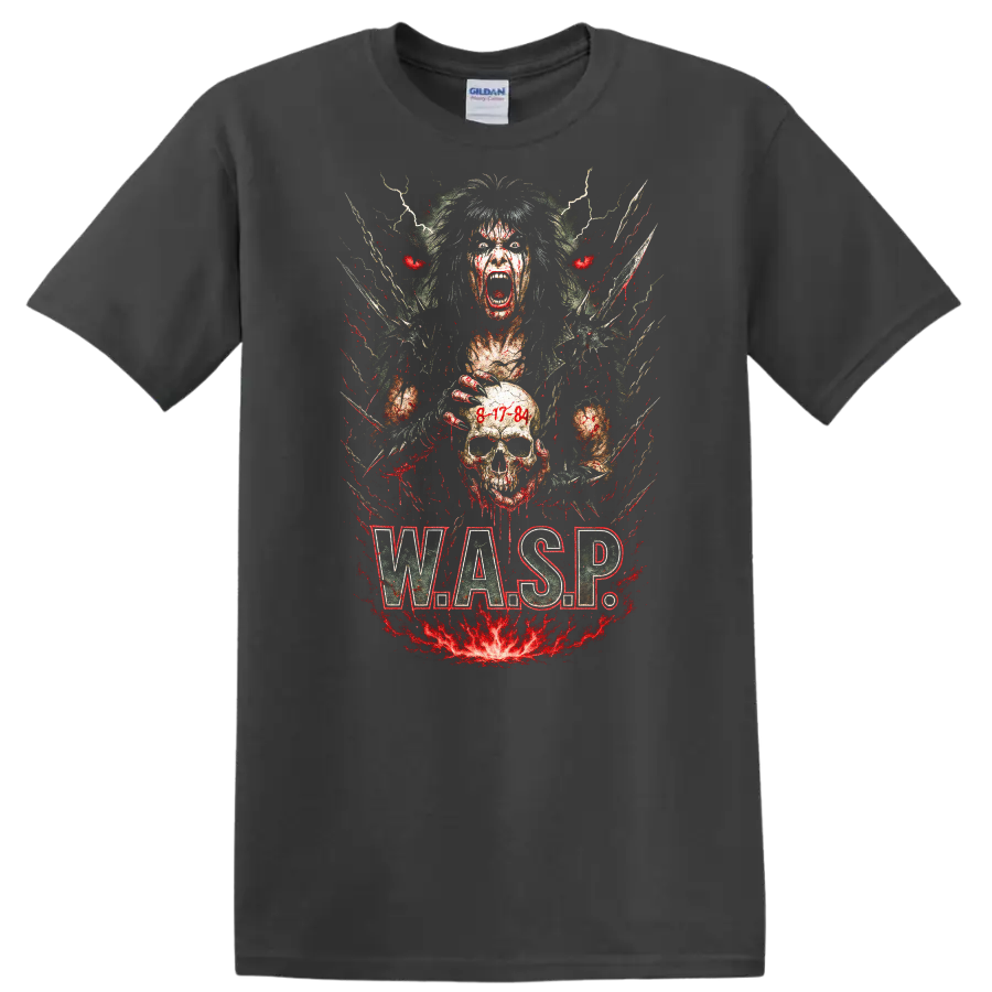 Retro Heavy Metal W.A.S.P. Skull Album Art T Shirt - Charcoal