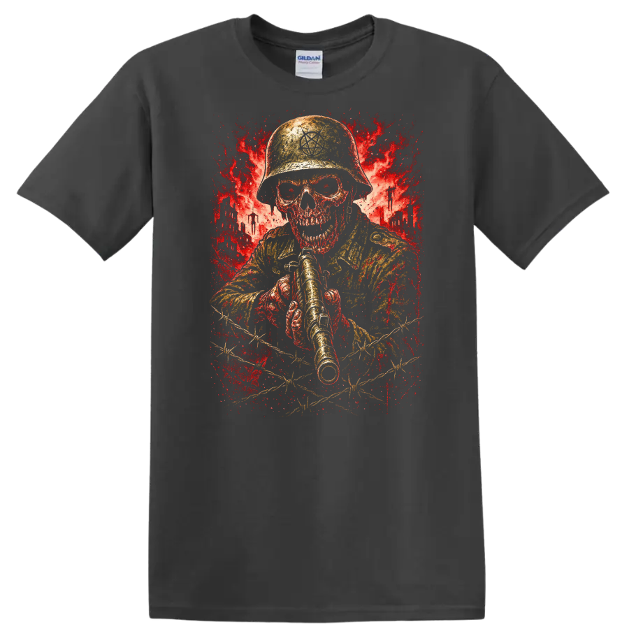 Retro Heavy Metal Skull Soldier Helmet T Shirt Red Explosion Graphic - Charcoal