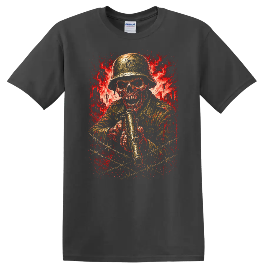 Vintage Classic Rock Album Cover Art T Shirt featuring a skull soldier on a Charcoal T Shirt