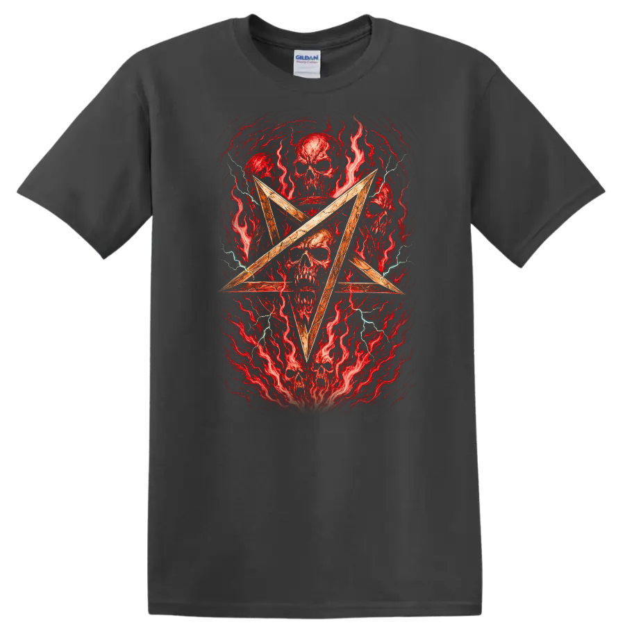 Retro Heavy Metal Skull Pentagram Album Cover Style T Shirt - Charcoal