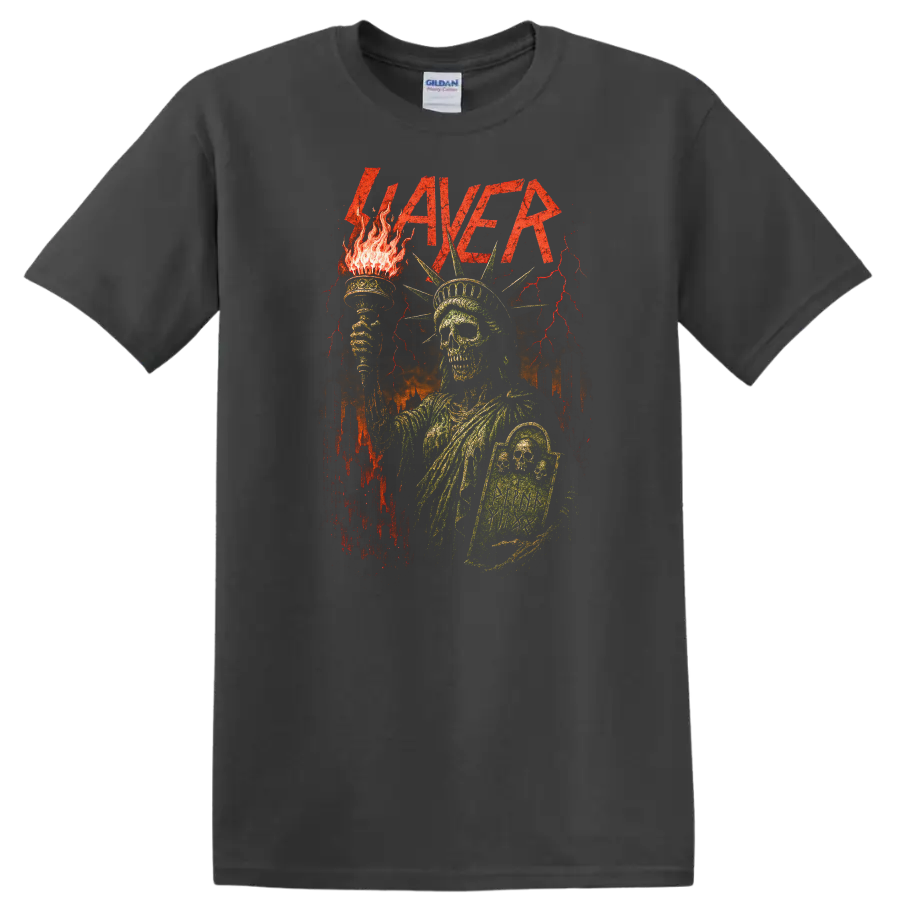 Retro Slayer Heavy Metal Album Art Skull Torch T Shirt - Charcoal