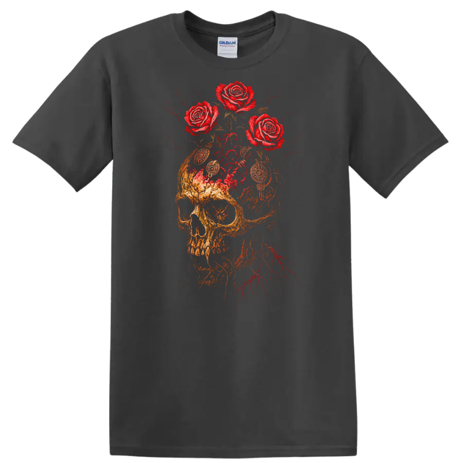 Retro Rock Skull and Roses Heavy Metal Graphic T Shirt - Charcoal