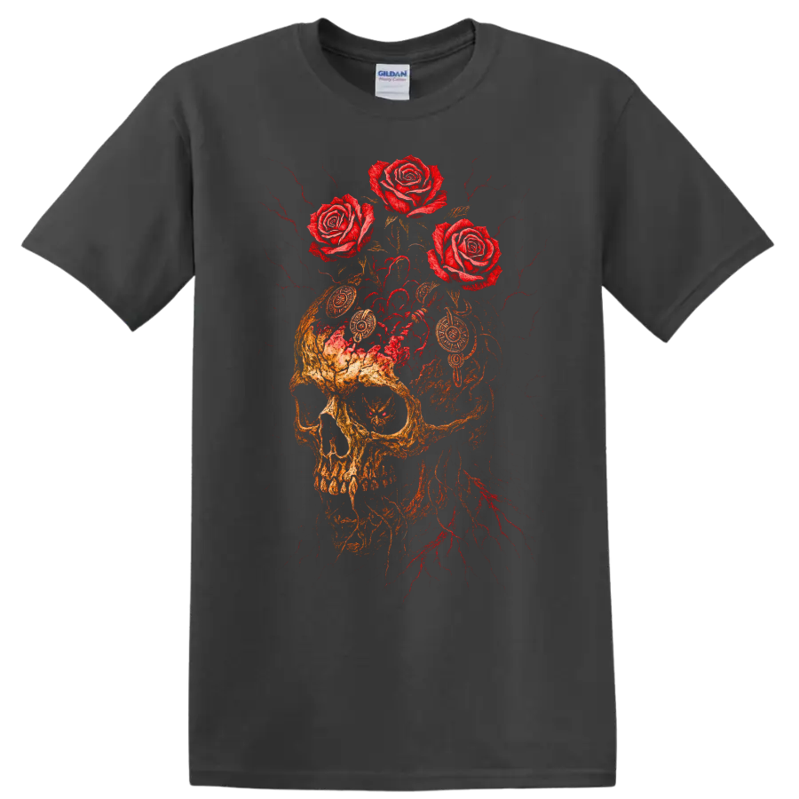Vintage classic rock skull with roses graphic print T Shirt on a Charcoal T Shirt