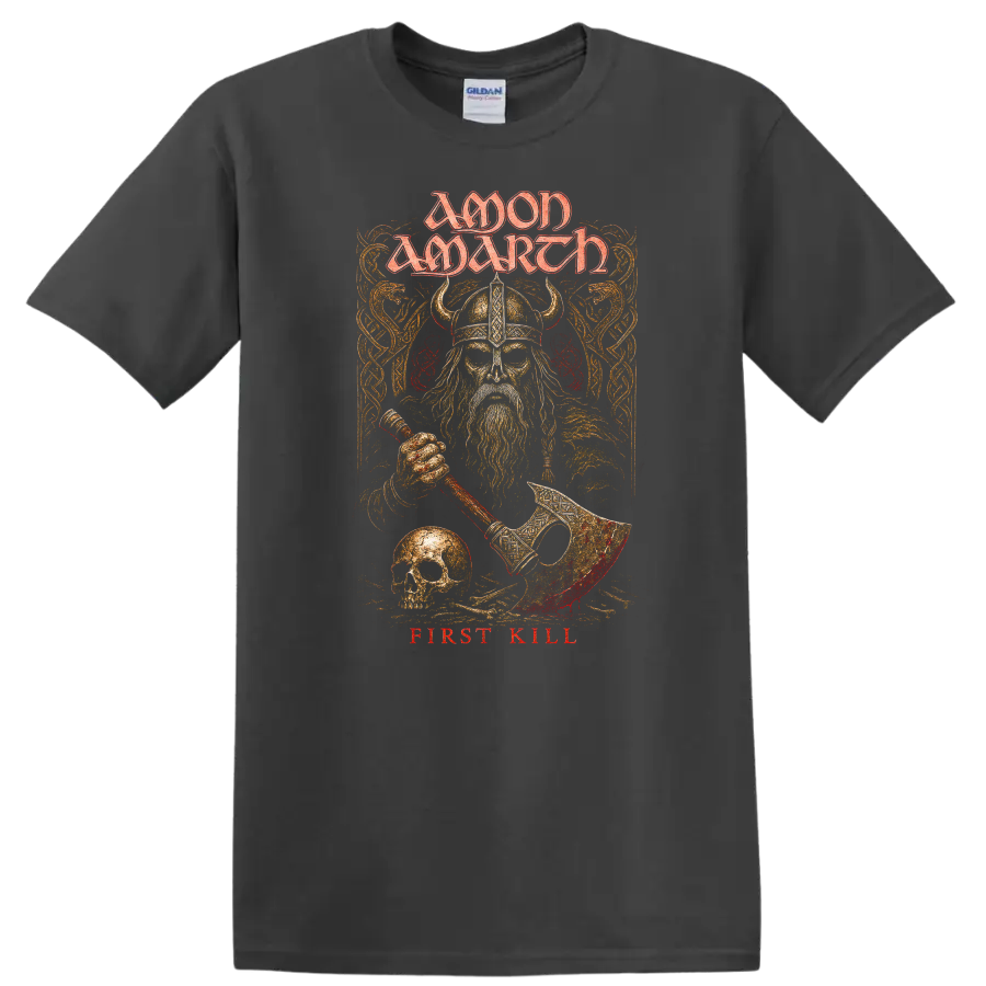 Moon March First Kill Viking Heavy Metal Retro Rock T Shirt - Charcoal