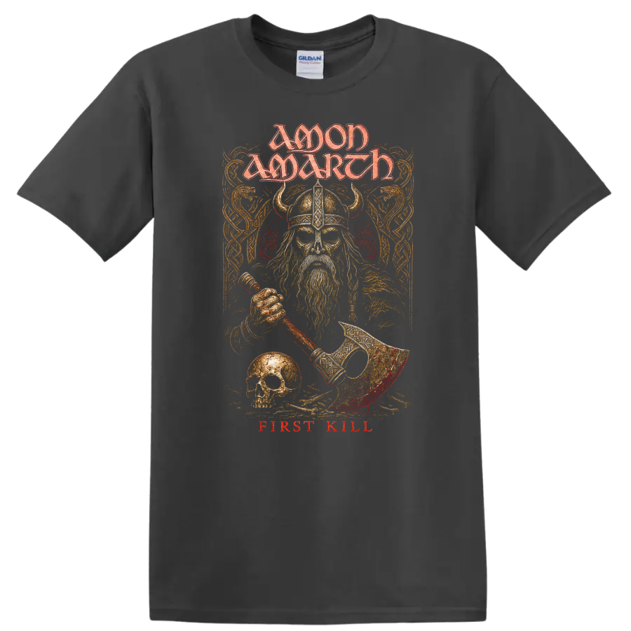 Amon Amarth First Kill T Shirt with Viking warrior design on a Charcoal T Shirt