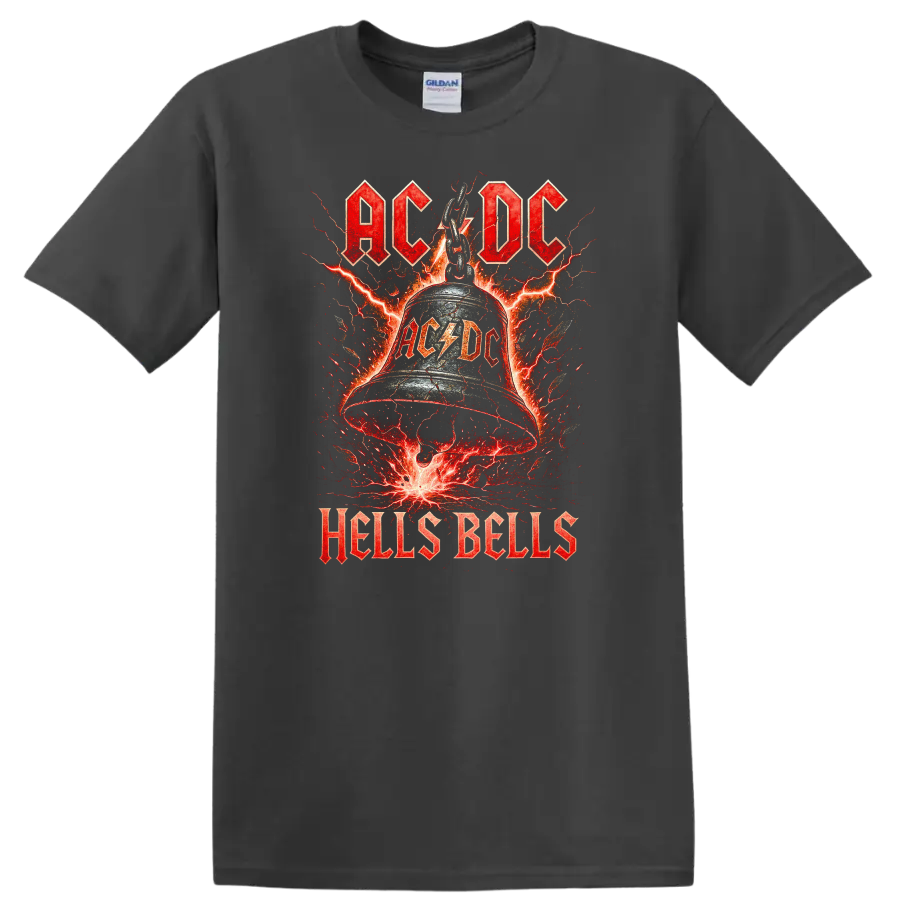 AC/DC Hells Bells Retro Heavy Metal Lightning T Shirt on a Charcoal T Shirt
