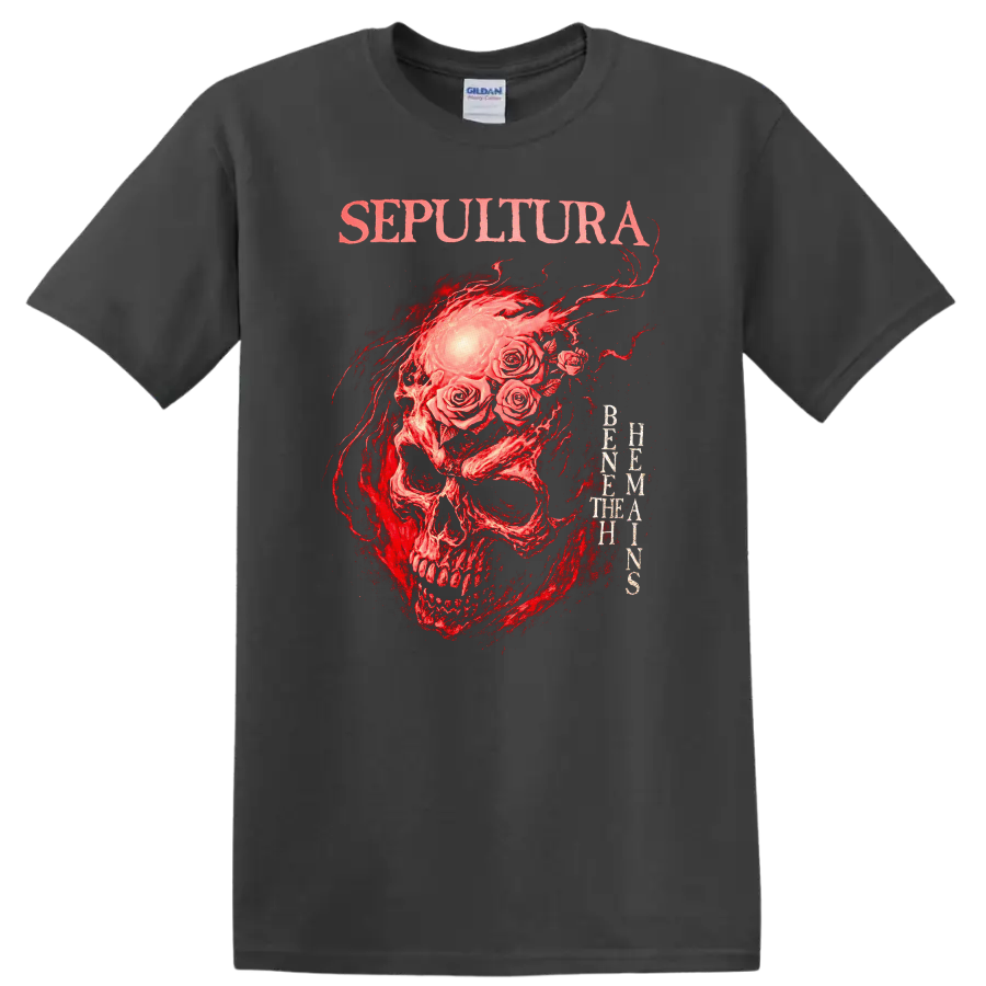 Sepultura Skull Roses Retro Heavy Metal Band Album Cover T Shirt - Charcoal