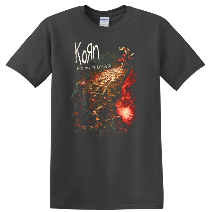 Korn Follow the Leader Retro Heavy Metal Album Art T Shirt - Charcoal