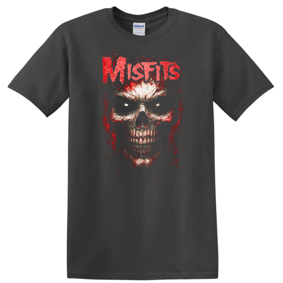 Mistis Blood Skull Retro Heavy Metal Rock Band T Shirt - Charcoal