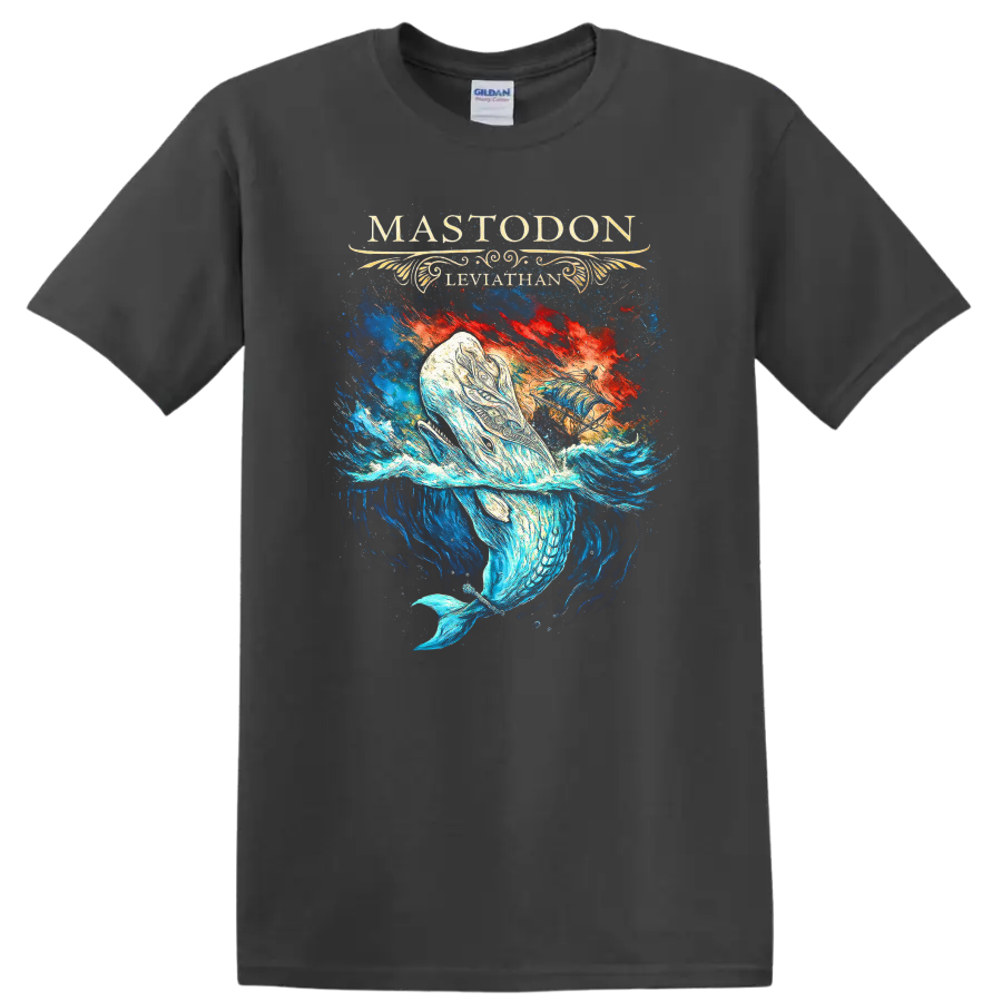 Mastodon Leviathan Retro Heavy Metal Album Art T Shirt on a Charcoal T Shirt