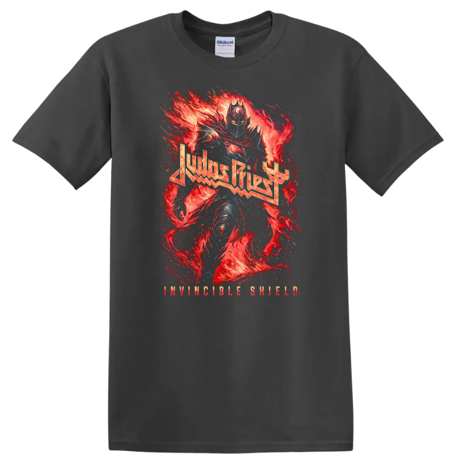 Judas Priest Heavy Metal Flame Art T Shirt Retro Rock Band Tribute - Charcoal