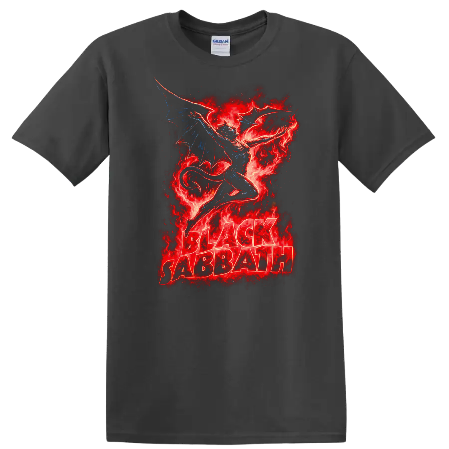 Black Sabbath Retro Heavy Metal Dragon Flames Album Cover T Shirt - Charcoal