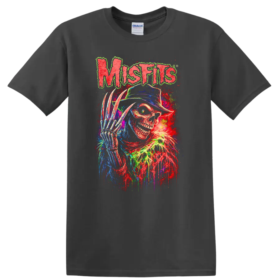 Misfits Neon Horror Skull Retro Rock Heavy Metal T Shirt - Charcoal