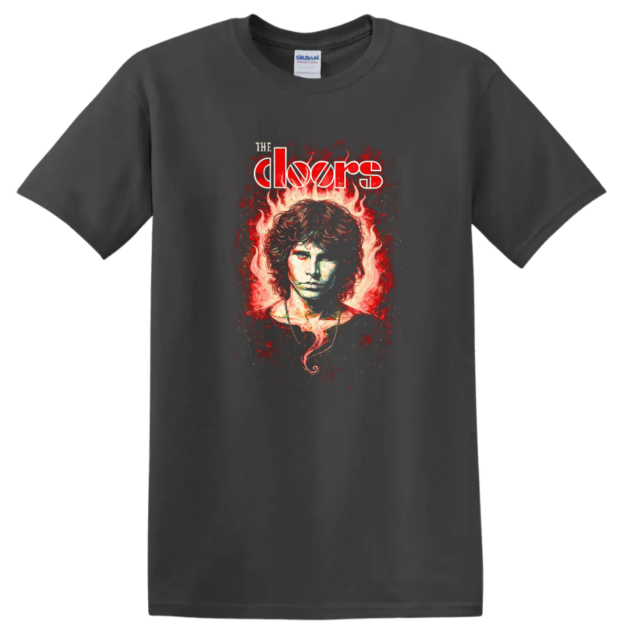 The Doors Retro Rock Flame Portrait Album Cover T Shirt - Charcoal